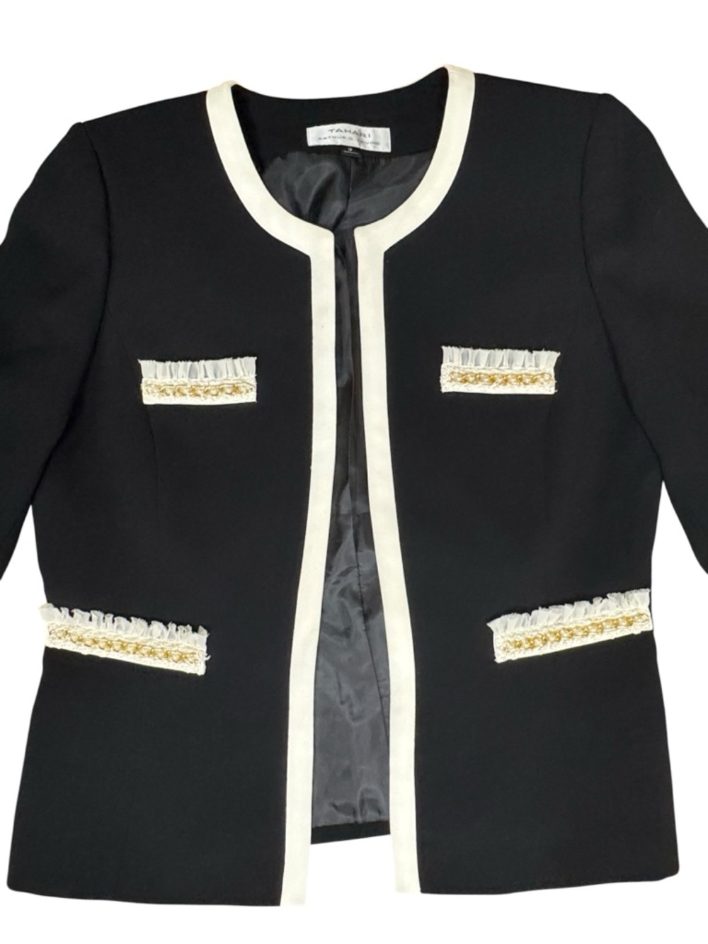 Tahari Arthur S Levine Tailored Open Front Black & White Blazer, 12 - Picture 2 of 9